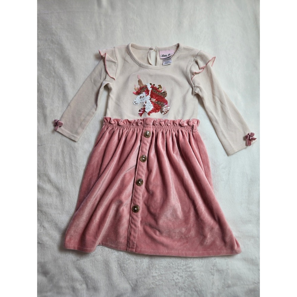 Little‎ Lass Girls Size 4 Unicorn Sequin Waffle Knit Corduroy Dress Pink Cream